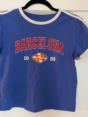 Barcelona Graphic Baby Tee Blue Contrast Trim Y2K Fitted Cropped Style Top